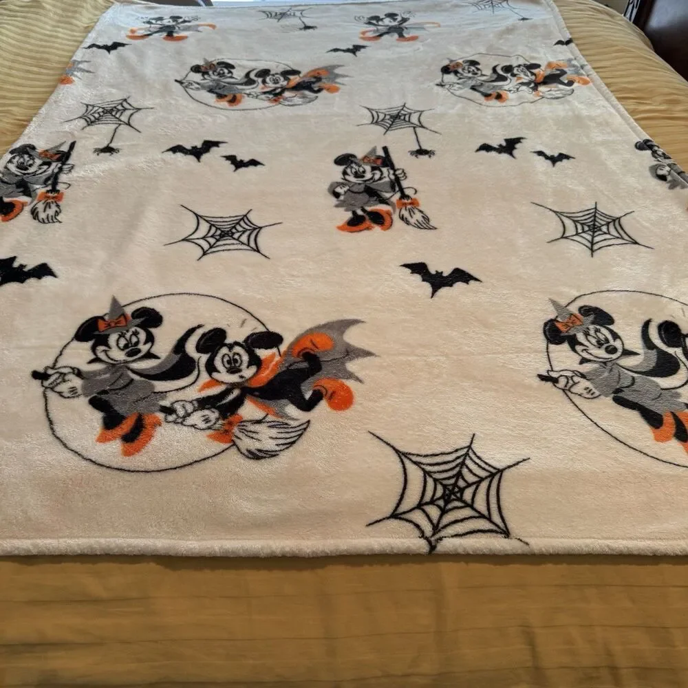 Disney Mickey Mouse Halloween Blanket Bats Spiderwebs Orange Gray 50x60 Throw